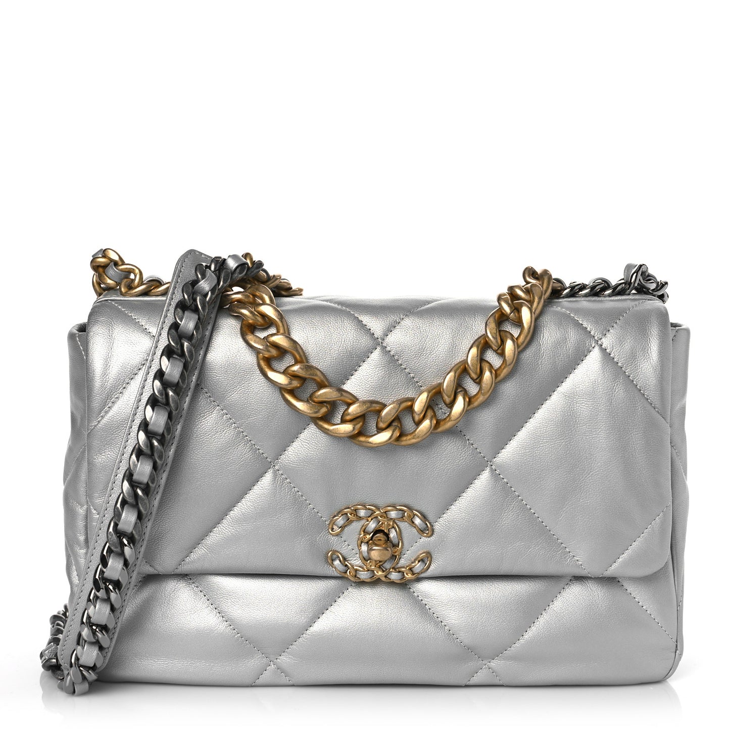 Metallic Goatskin Quilted Large Chanel 19 Flap Silver