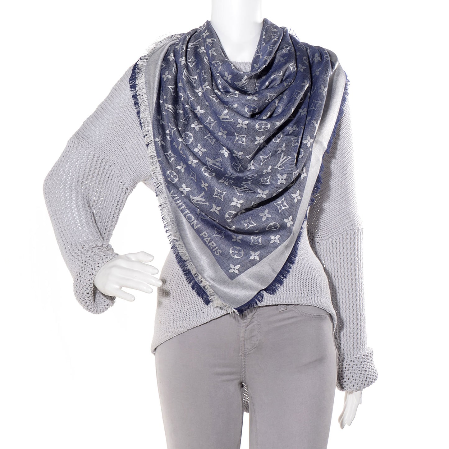 Wool Silk Monogram Denim Shawl Blue