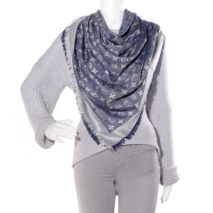 Louis Vuitton Wool Silk Monogram Denim Shawl Blue 2 of 5