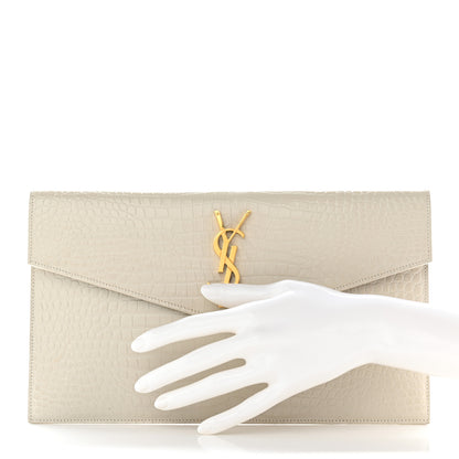 Saint Laurent Calfskin Crocodile Embossed Uptown Monogram Pouch Crema Soft 2 of 13
