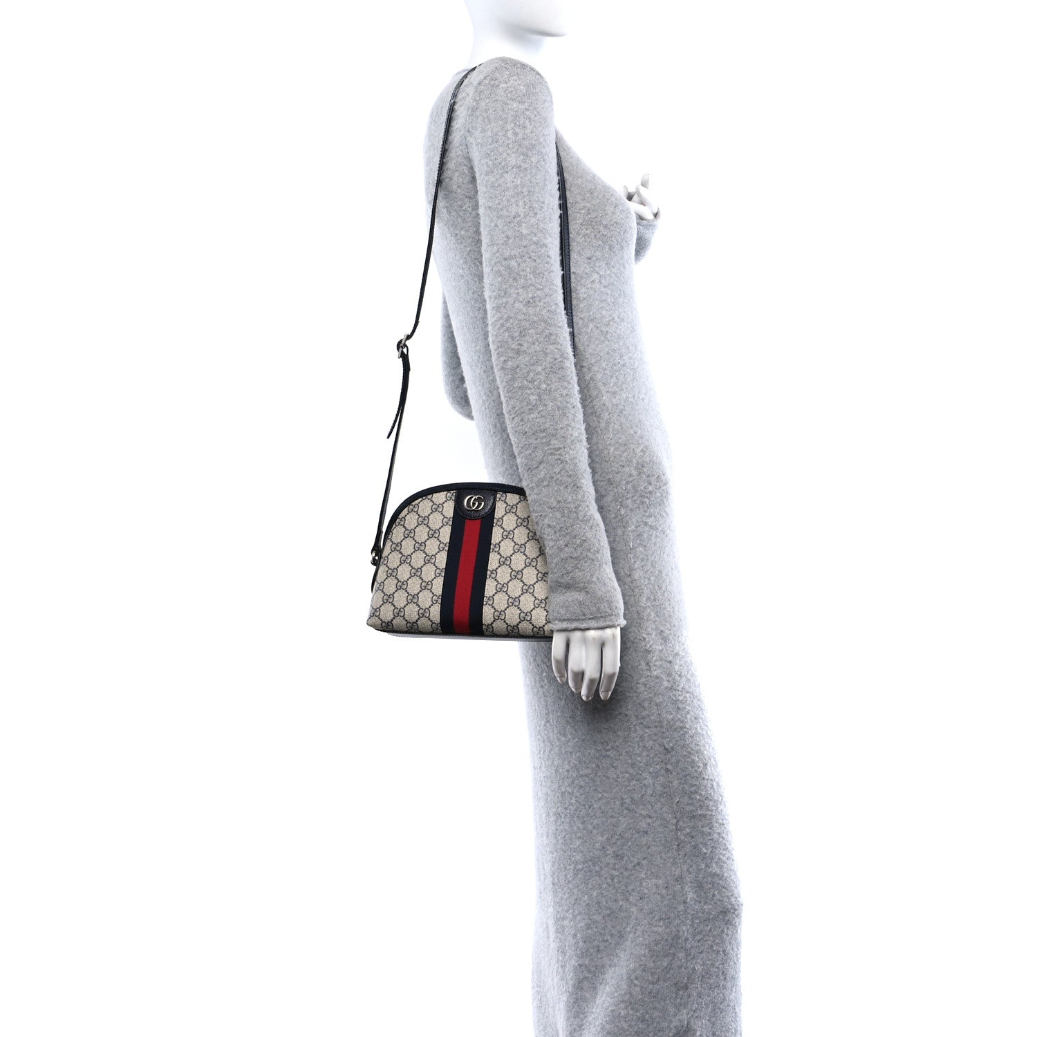 Gucci GG Supreme Monogram Textured Dollar Calfskin Web Small Ophidia Dome Shoulder Bag Beige Blue 2 of 12
