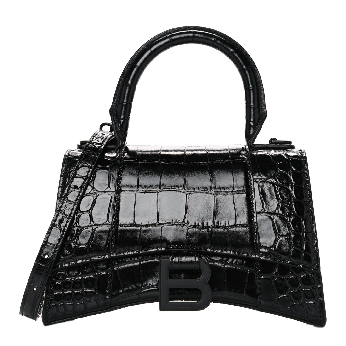Shiny Calfskin Monochrome Crocodile Embossed Hourglass Top Handle Bag XS Black