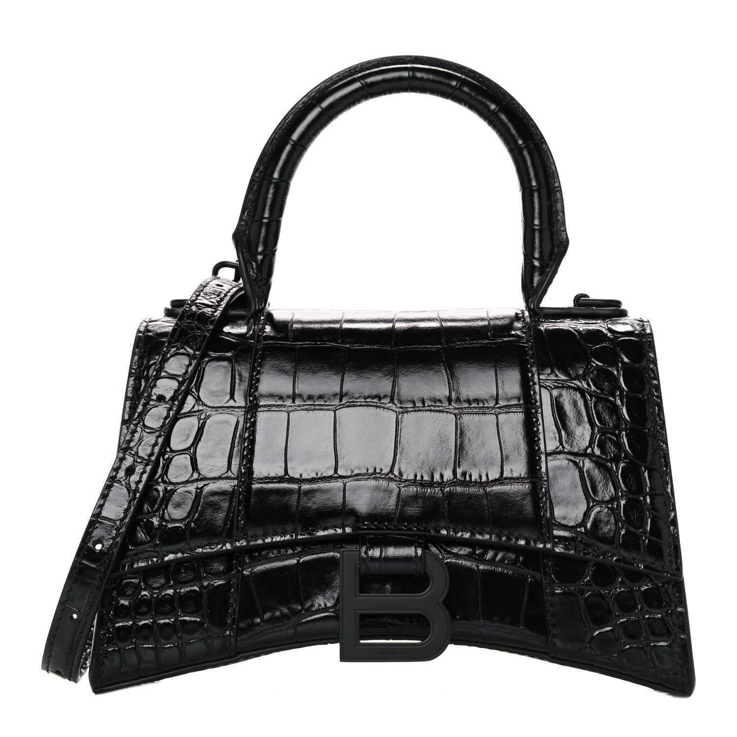 Balenciaga Shiny Calfskin Monochrome Crocodile Embossed Hourglass Top Handle Bag XS Black 1 of 10