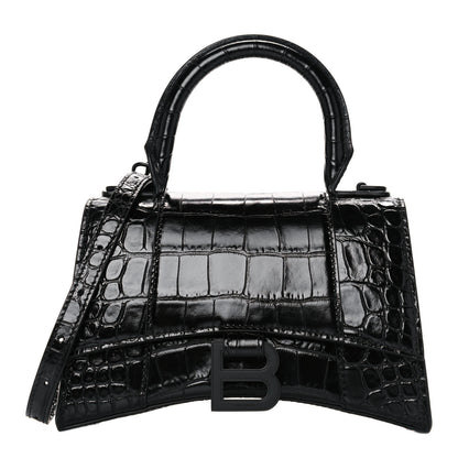 Balenciaga Shiny Calfskin Monochrome Crocodile Embossed Hourglass Top Handle Bag XS Black 1 of 10