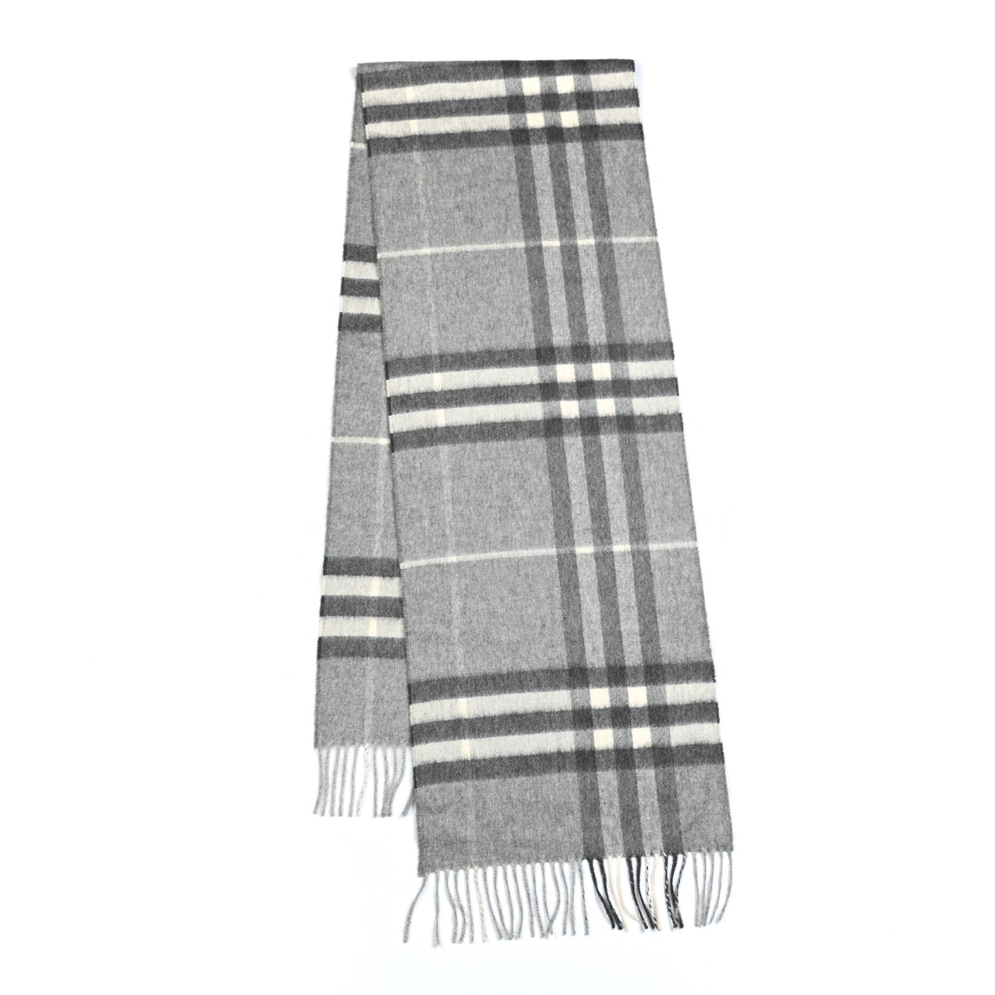 Cashmere Giant Check Fringe Scarf Pale Grey