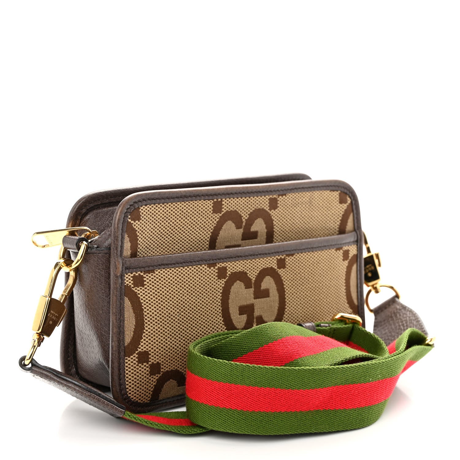 Gucci Monogram Jumbo GG Textured Dollar Calfskin Web Mini Crossbody Bag Camel Ebony New Acero 3 of 11