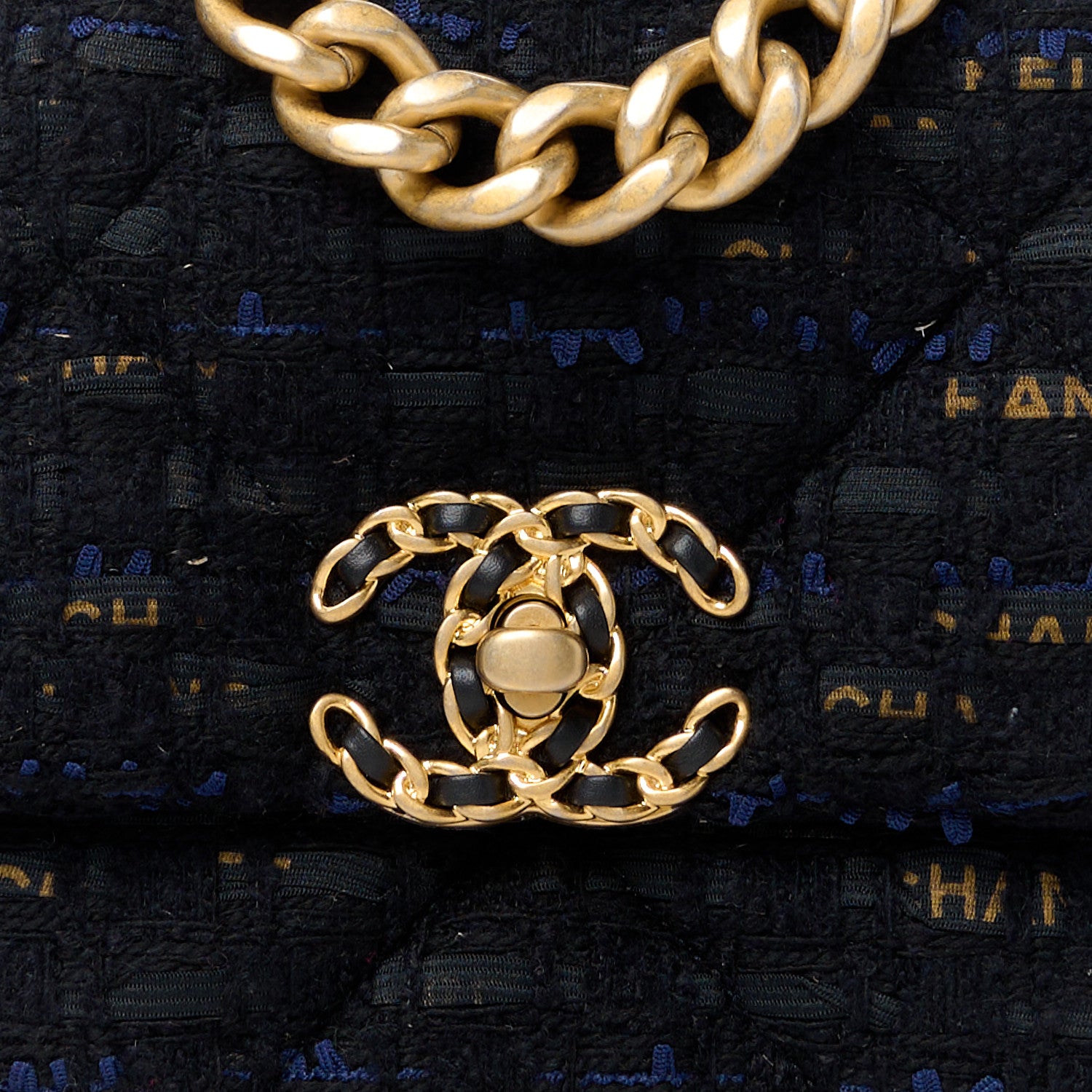 Chanel Tweed Quilted Medium Chanel 19 Flap Black Navy Gold 8 of 11