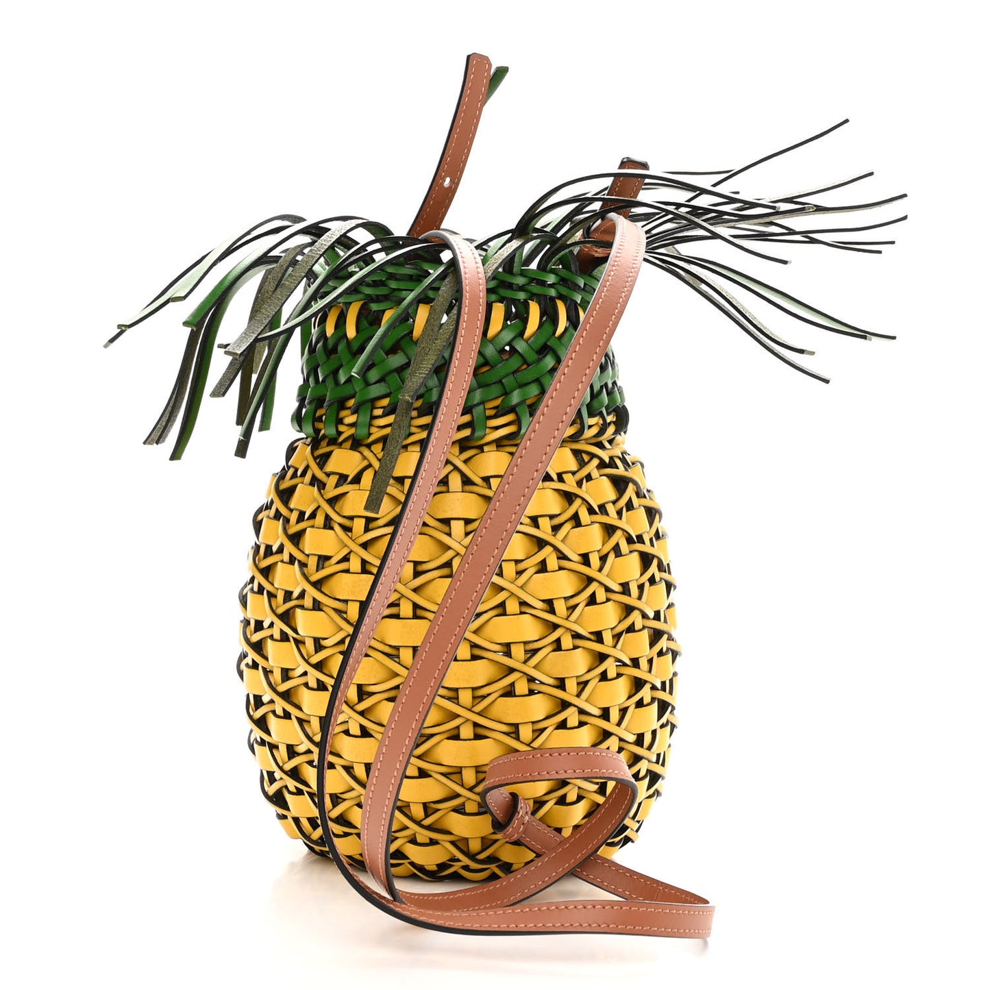 Calfskin Fringe Woven Pineapple Bucket Bag Yellow Green