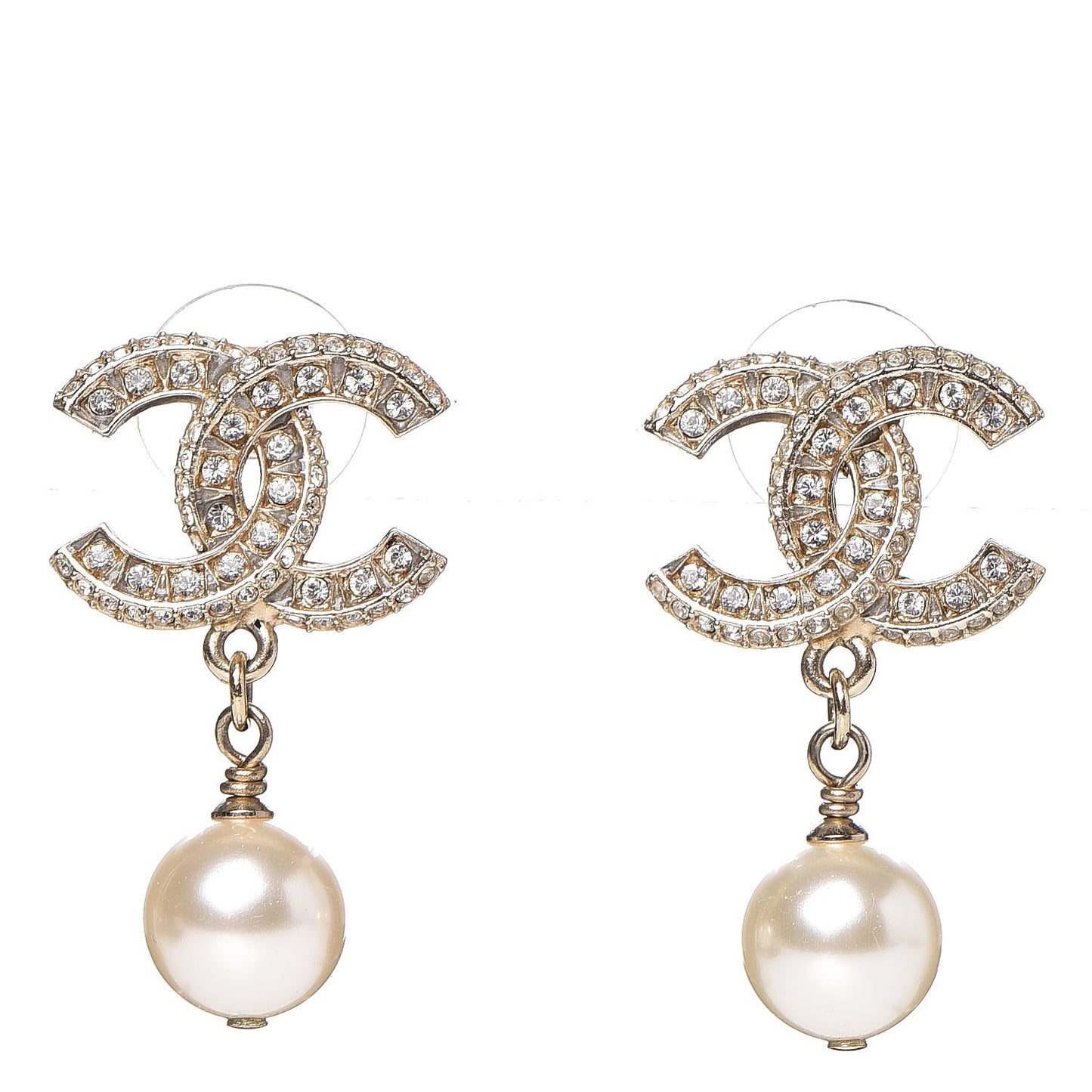 Crystal Pearl CC Drop Earrings Gold