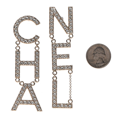 Chanel Crystal Cha-Nel Logo Drop Earrings Gold 2 of 4