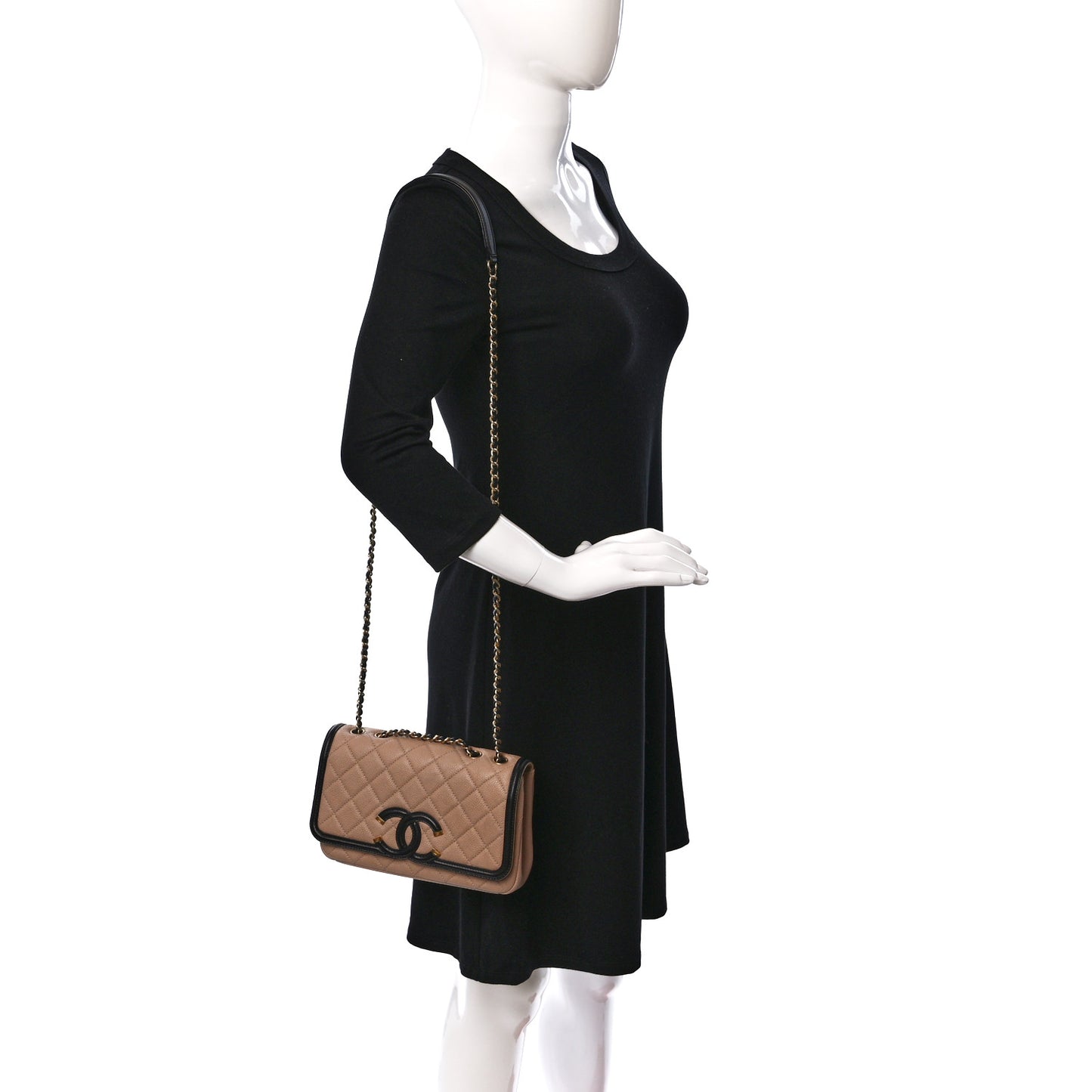 Caviar Quilted Small CC Filigree Flap Beige Black