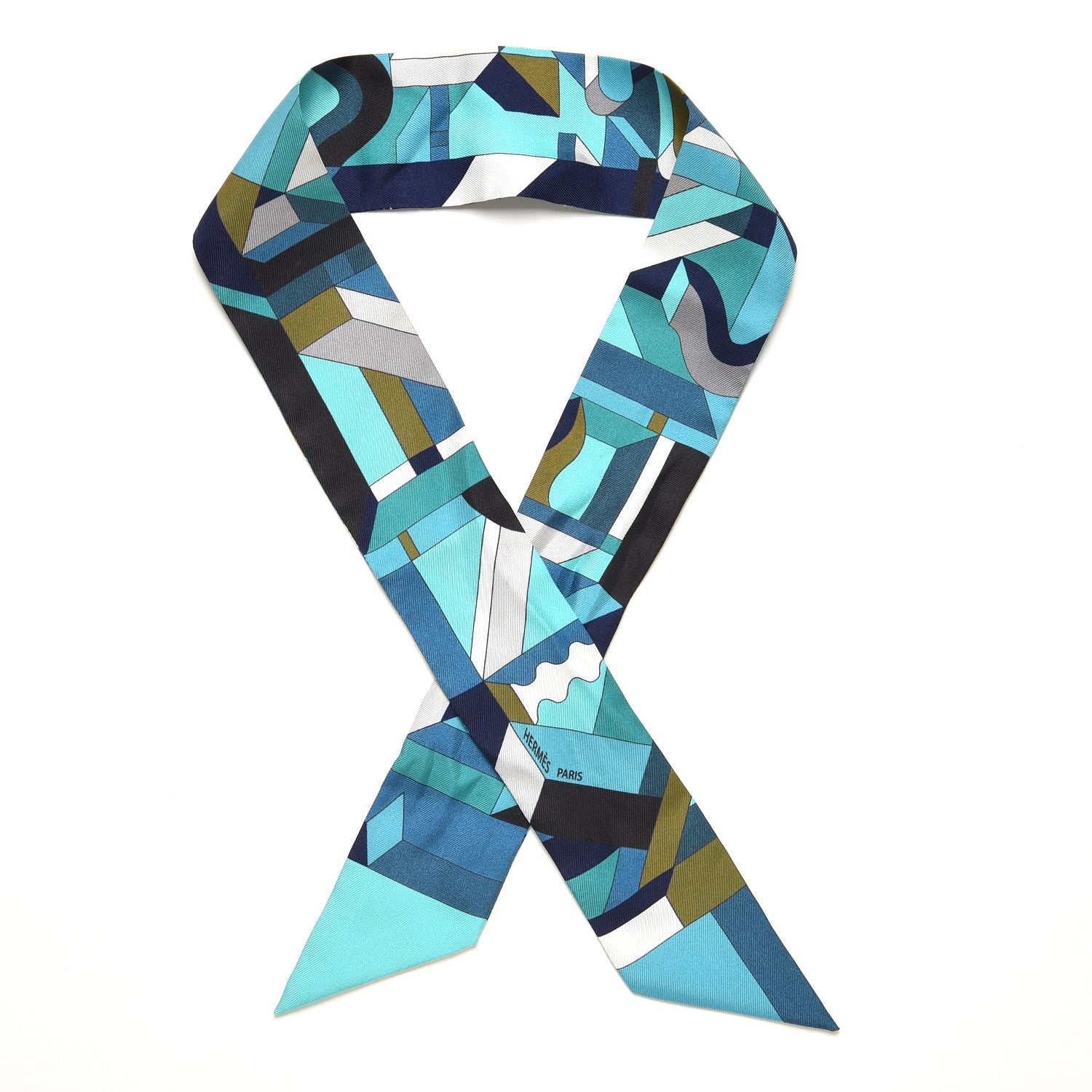 Hermes Silk Perspective Cavaliere Twilly Turquoise Marine Gris 1 of 4