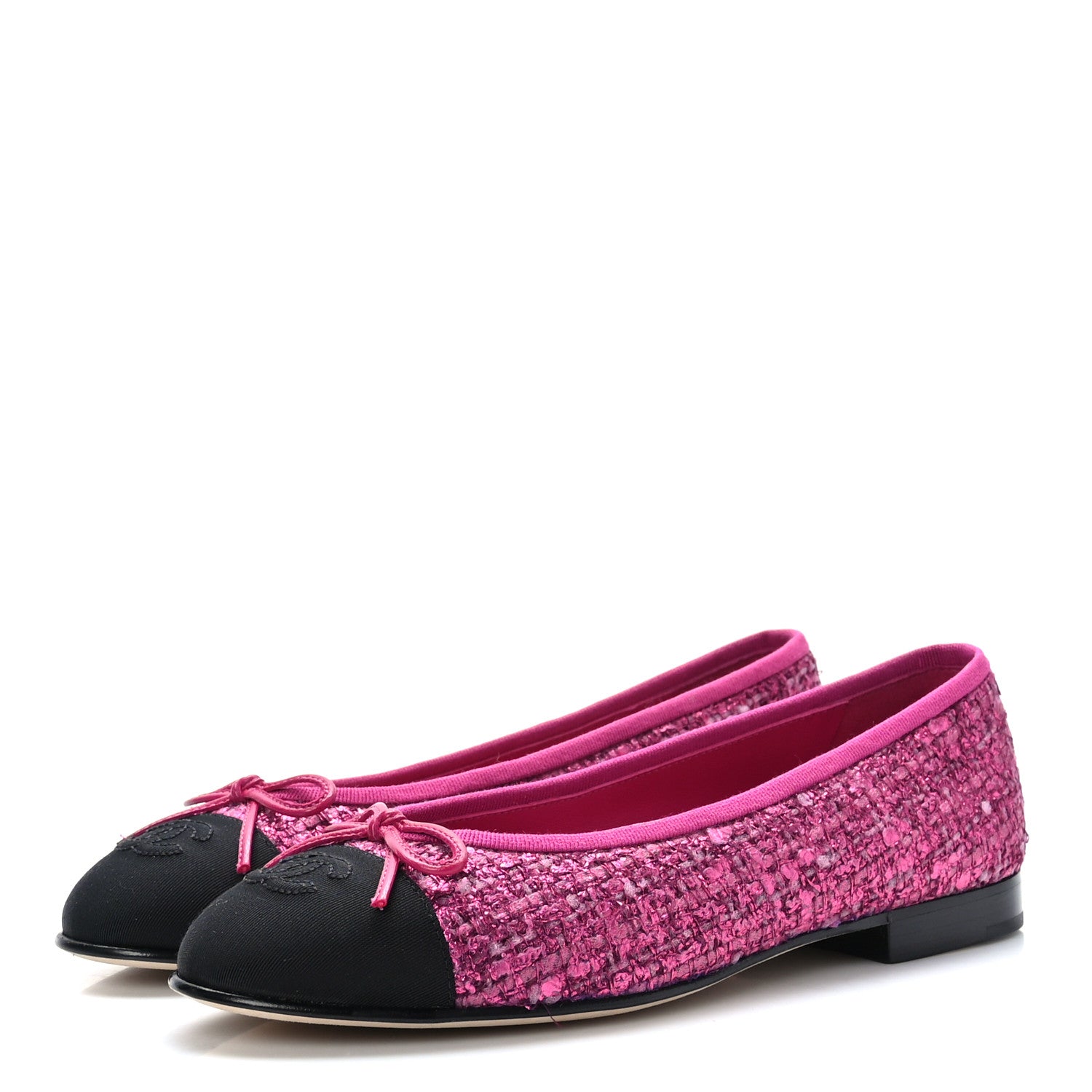 Chanel Tweed Grosgrain Cap Toe Ballerina Flats 37.5 Fuchsia Black 3 of 8