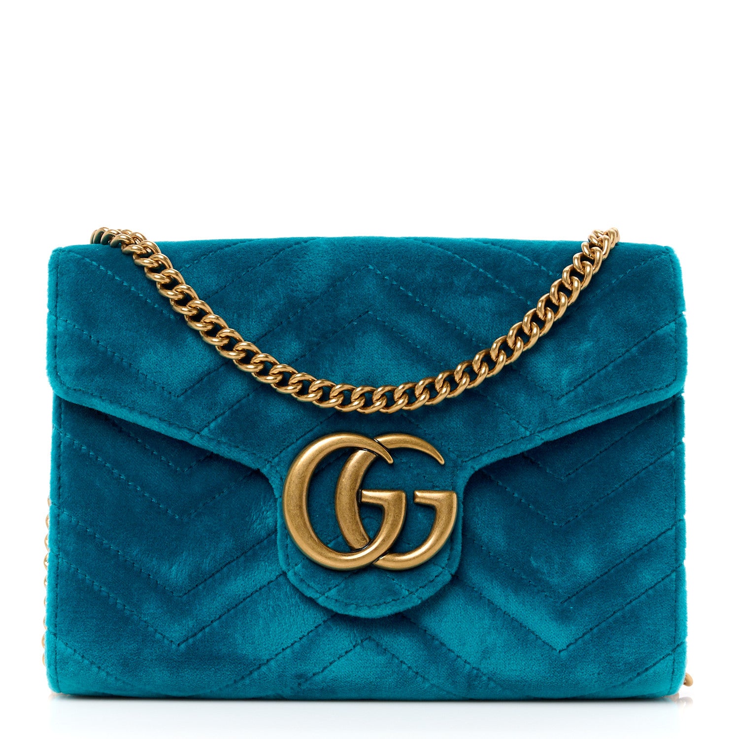 Gucci Velvet Matelasse GG Marmont Chain Wallet Pavone Cyan 1 of 10