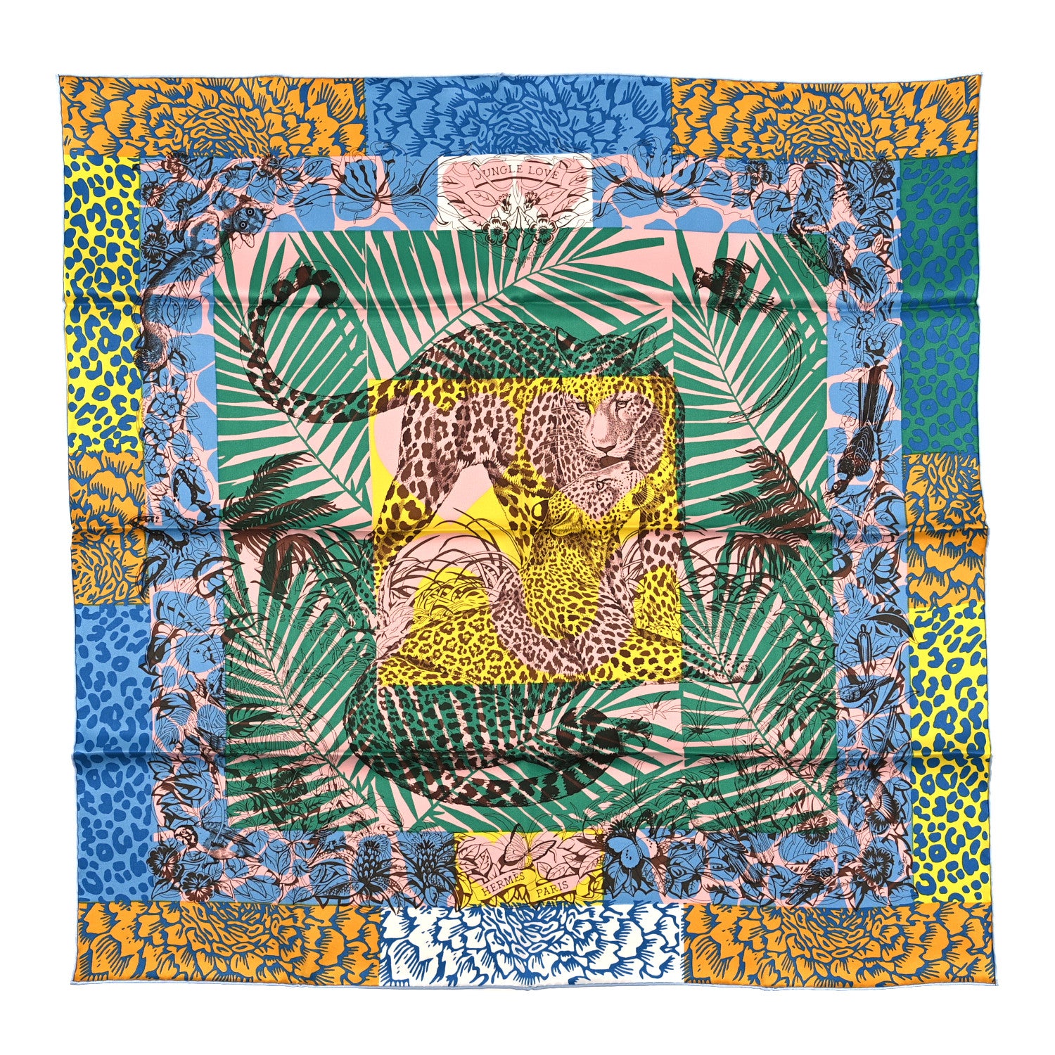 Hermes Silk Vintage Jungle Love au Tampon Scarf 70 Blue Moyen Vert Jaune 1 of 3