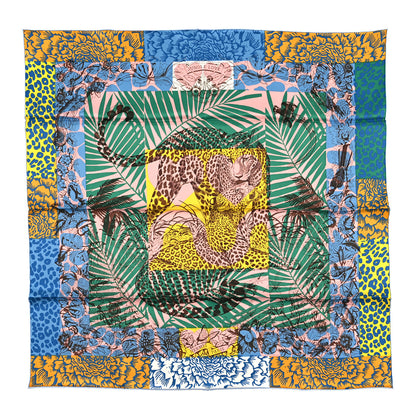 Hermes Silk Vintage Jungle Love au Tampon Scarf 70 Blue Moyen Vert Jaune 1 of 3
