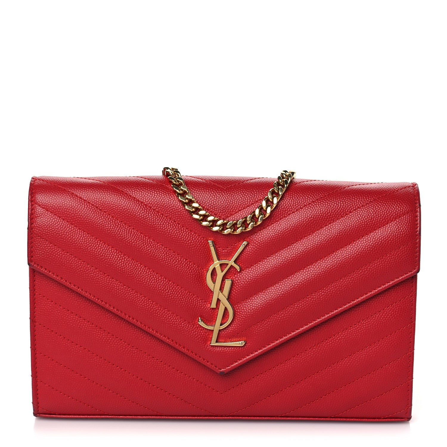 Saint Laurent Grain De Poudre Matelasse Chevron Monogram Chain Wallet Rouge Eros 1 of 11