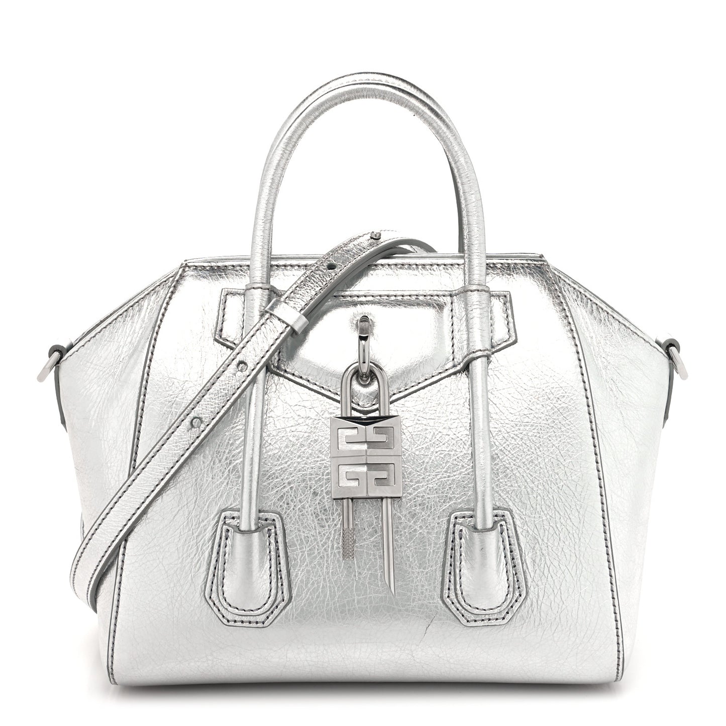 Metallic Lambskin Mini Lock Antigona Shoulder Bag Silver Grey