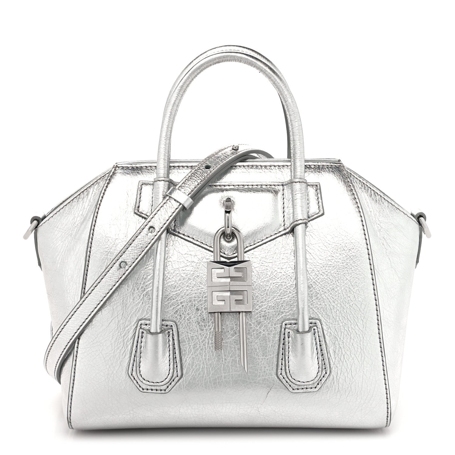 Givenchy Metallic Lambskin Mini Lock Antigona Shoulder Bag Silver Grey 1 of 12