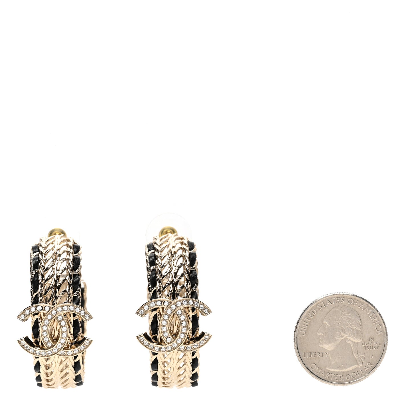 Crystal Lambskin CC Double Chain Hoop Earrings Gold Black