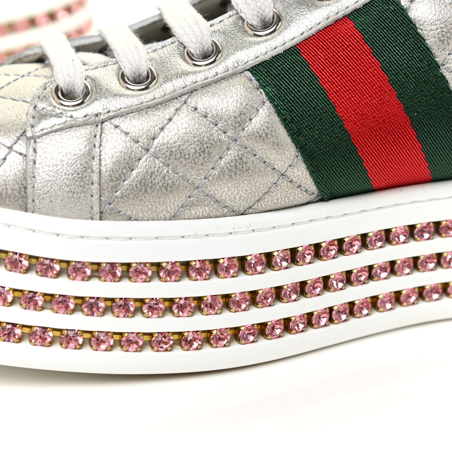 Gucci Laminated Nappa Crystal Web Bee Embroidered Trapuntata Womens Ace Platform Sneakers 38.5 Argento 16 of 16