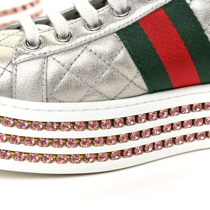 Gucci Laminated Nappa Crystal Web Bee Embroidered Trapuntata Womens Ace Platform Sneakers 38.5 Argento 16 of 16