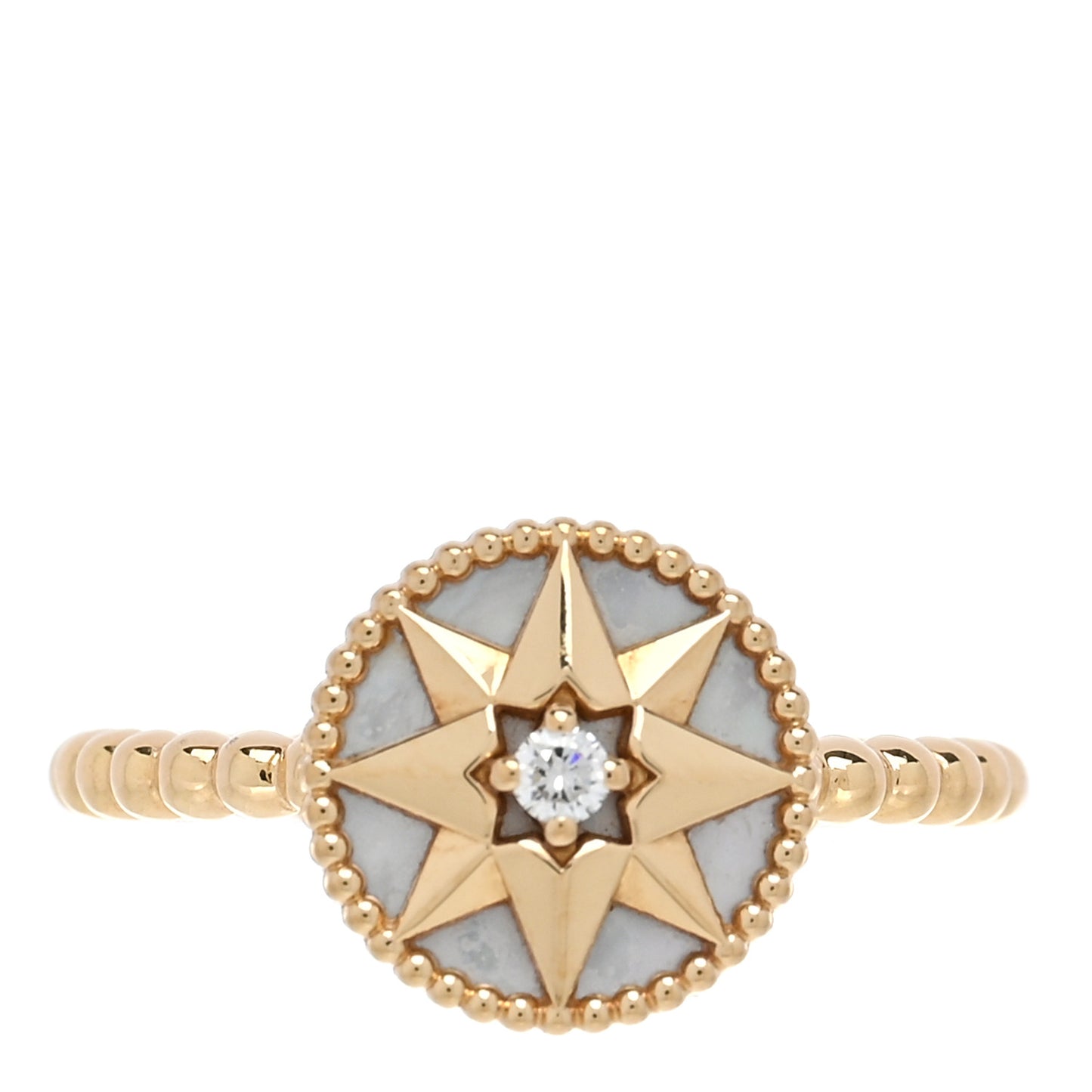 18K Yellow Gold Diamond Mother of Pearl Rose Des Vents Ring 50 5.5