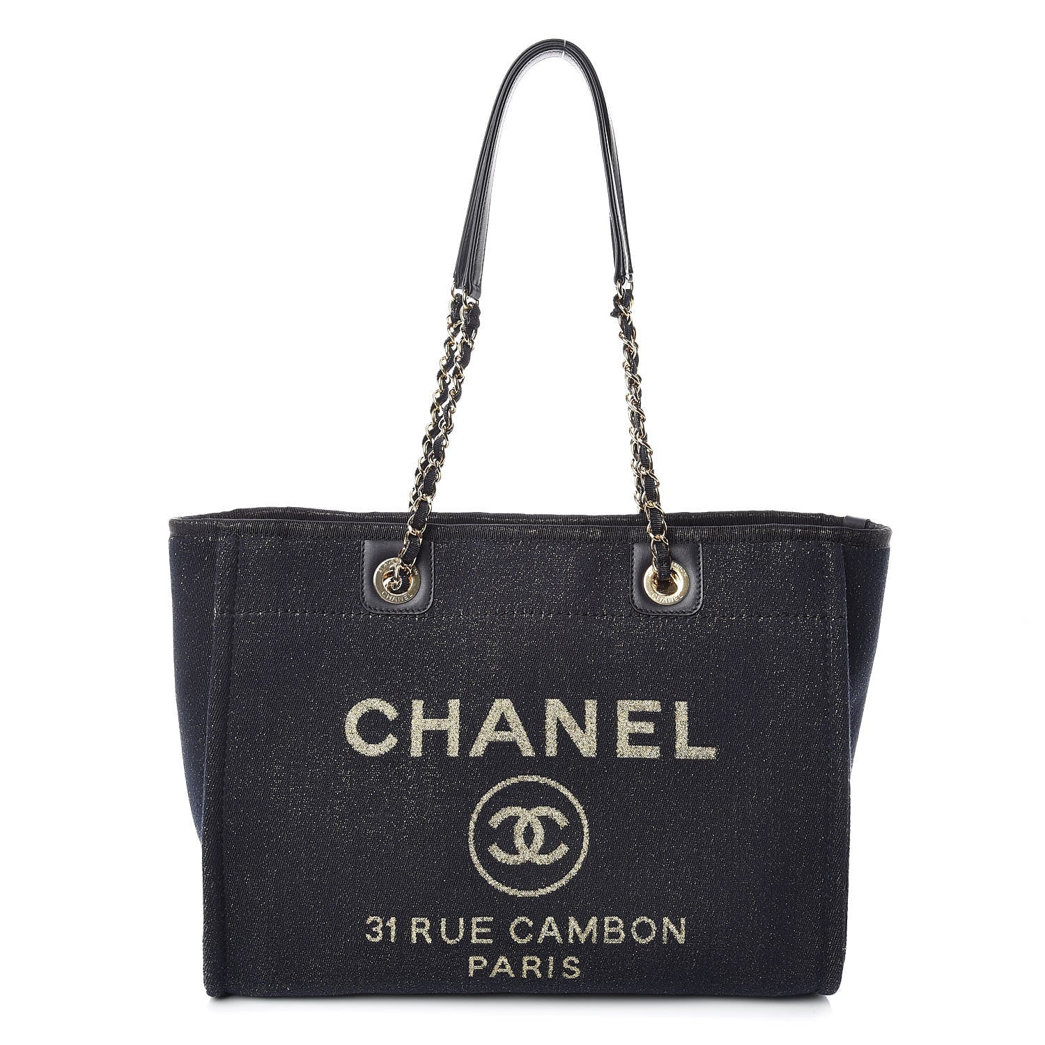 Chanel Lurex Canvas Small Deauville Tote Navy Blue Gold 1 of 10