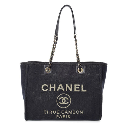 Chanel Lurex Canvas Small Deauville Tote Navy Blue Gold 1 of 10