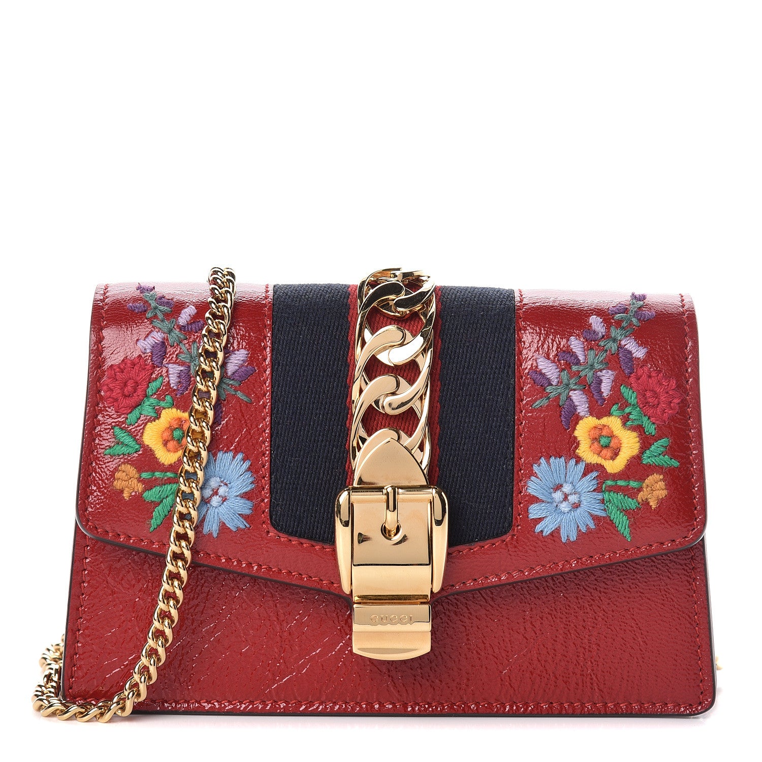 Gucci Patent Embroidered Super Mini Sylvie Chain Shoulder Bag Red 1 of 11