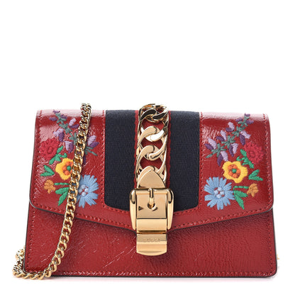 Gucci Patent Embroidered Super Mini Sylvie Chain Shoulder Bag Red 1 of 11
