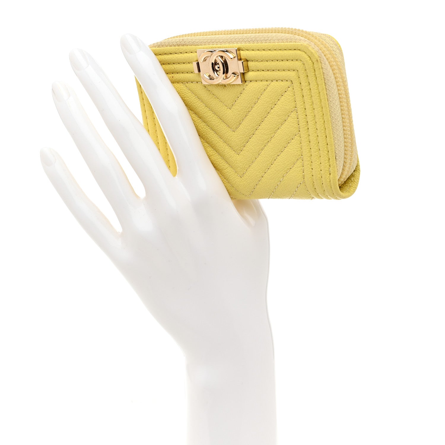 Chanel Caviar Chevron Quilted Boy Zip Around Coin Purse Wallet Yellow 2 of 7
