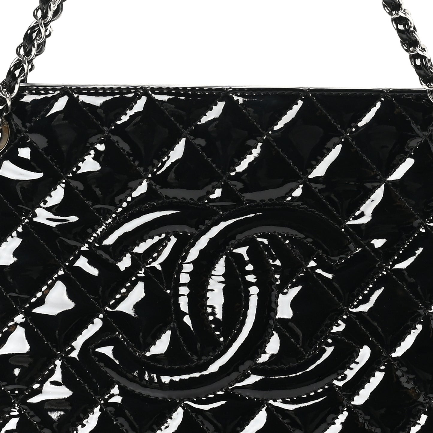 Patent Quilted Timeless CC Shopping Tote Black