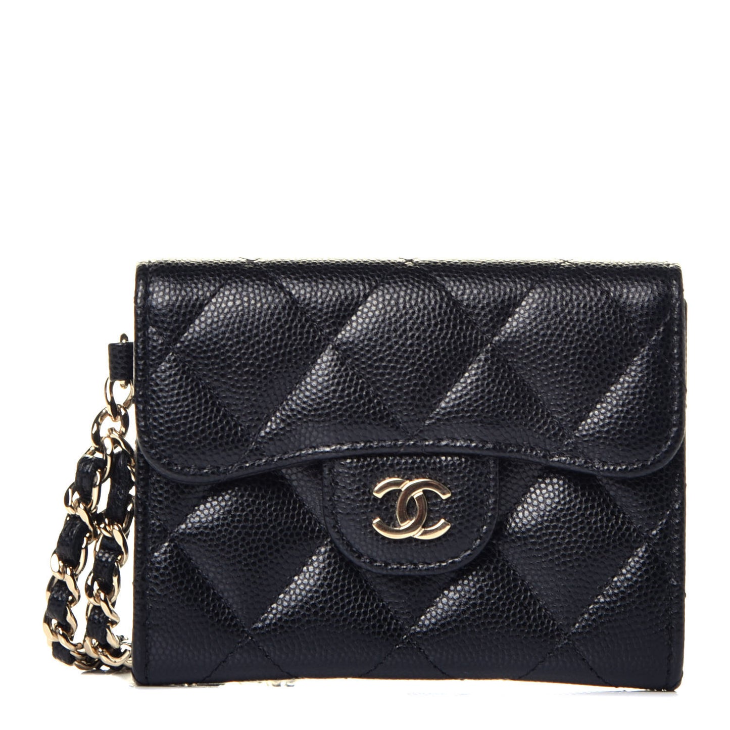 Caviar Quilted Flap Card Holder Chain Wristlet Black