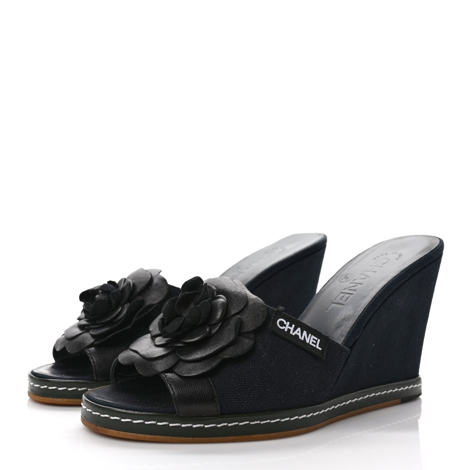Chanel Canvas Camellia Wedge Sandals 38.5 Black 38 Black 3 of 9