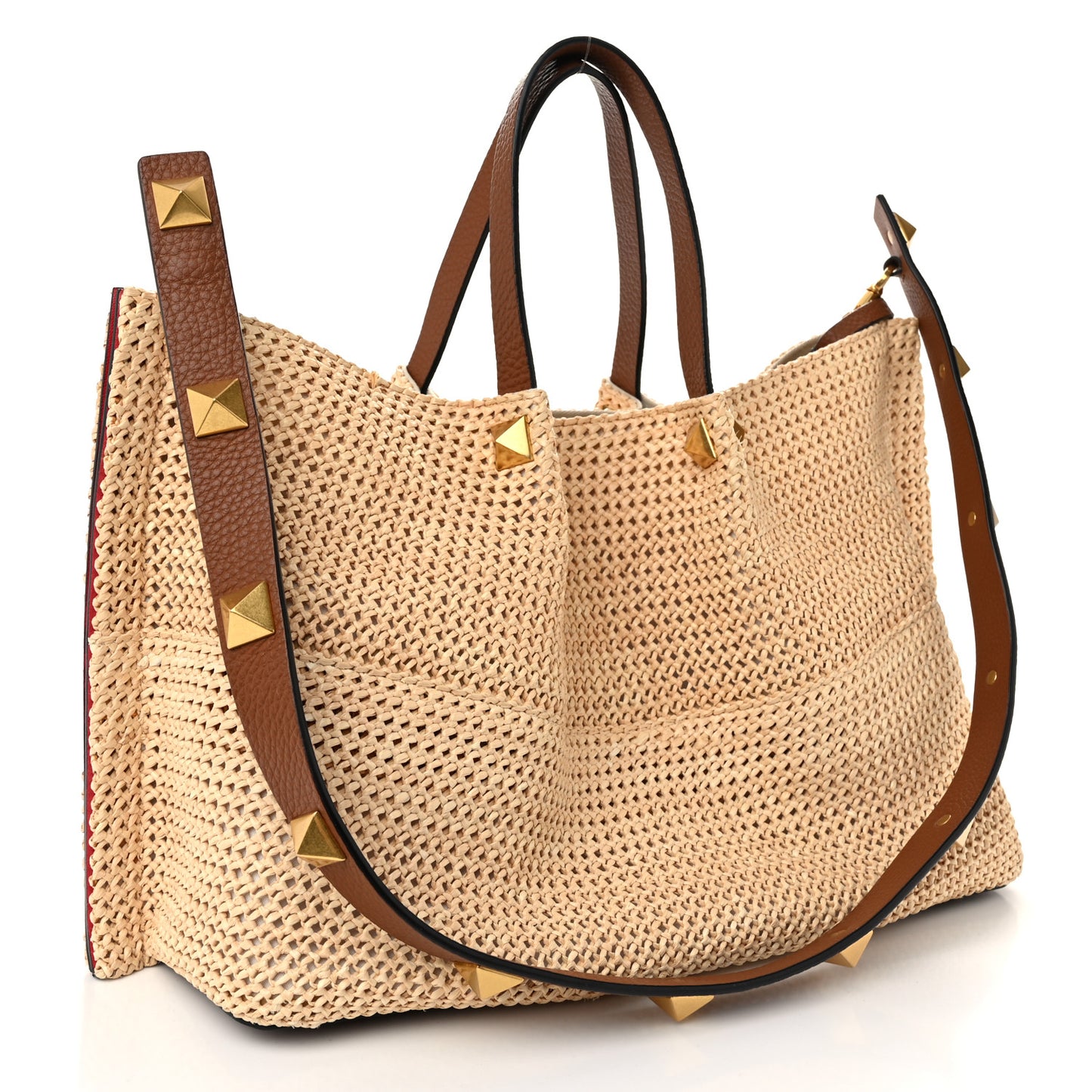 Raffia Grained Calfskin Medium Rockstud Vlogo Tote Naturale