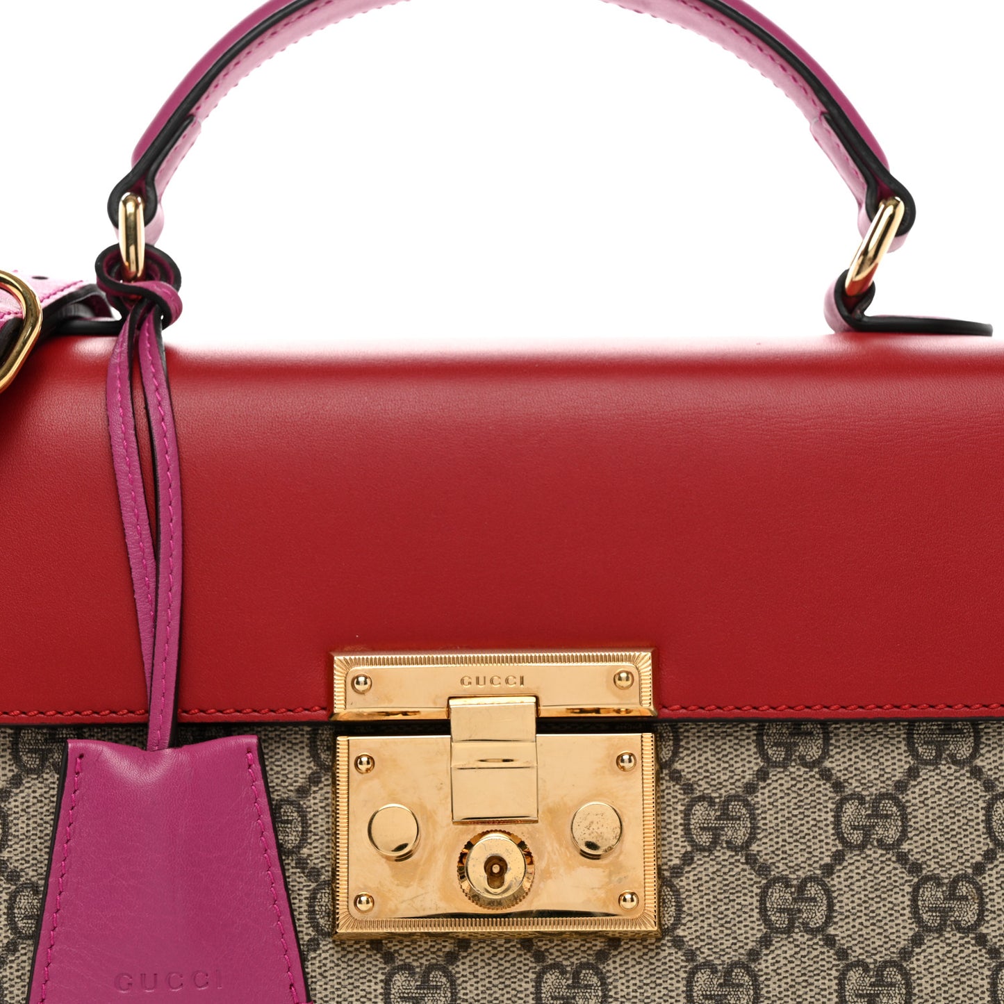 GG Supreme Monogram Calfskin Small Padlock Top Handle Bag Beige Hibiscus Red New Rosette