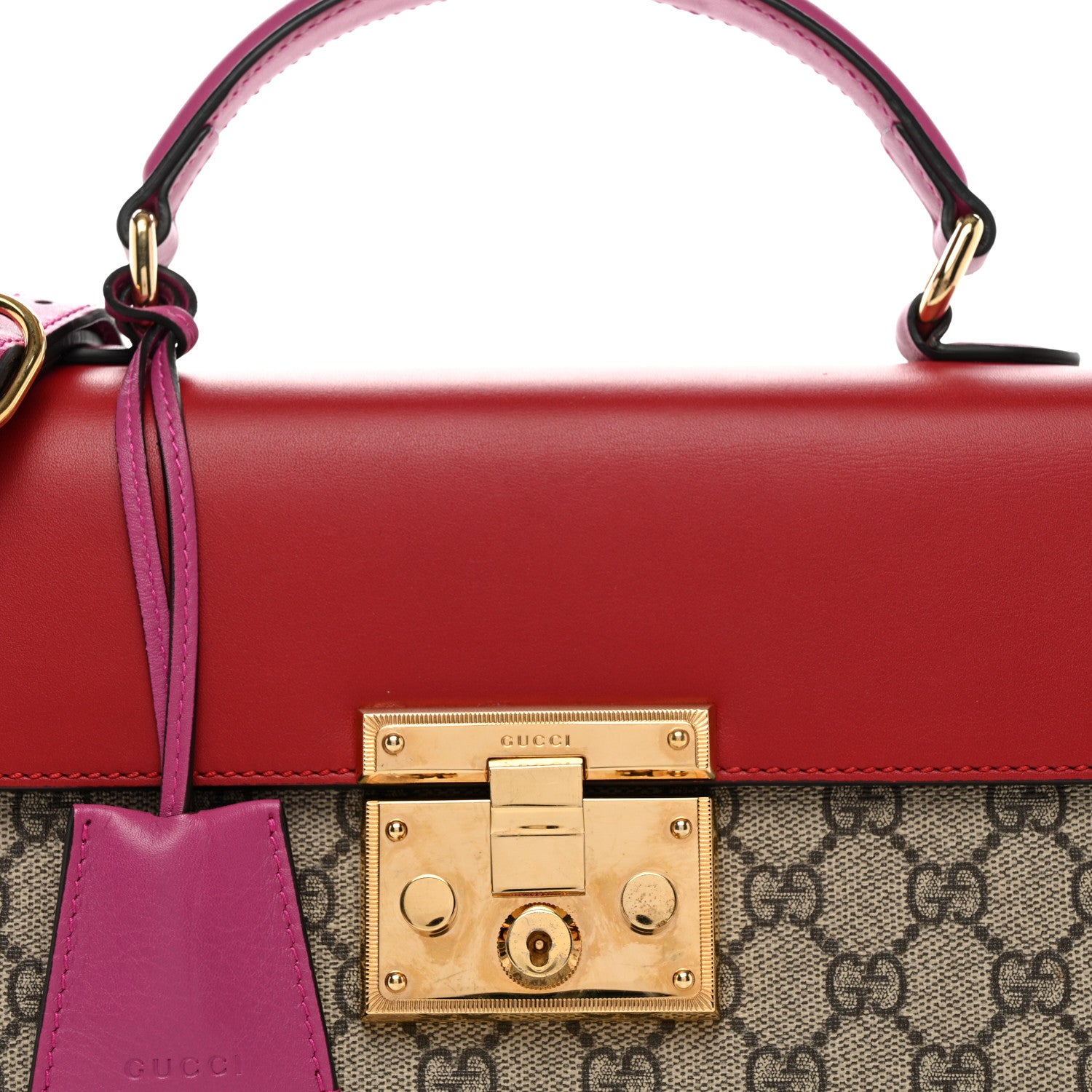 Gucci GG Supreme Monogram Calfskin Small Padlock Top Handle Bag Beige Hibiscus Red New Rosette 8 of 10