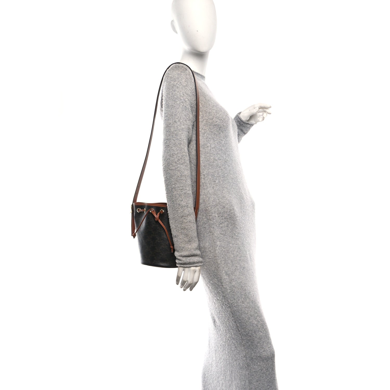 Celine Triomphe Canvas Calfskin Small Drawstring Bucket Bag Tan 2 of 10