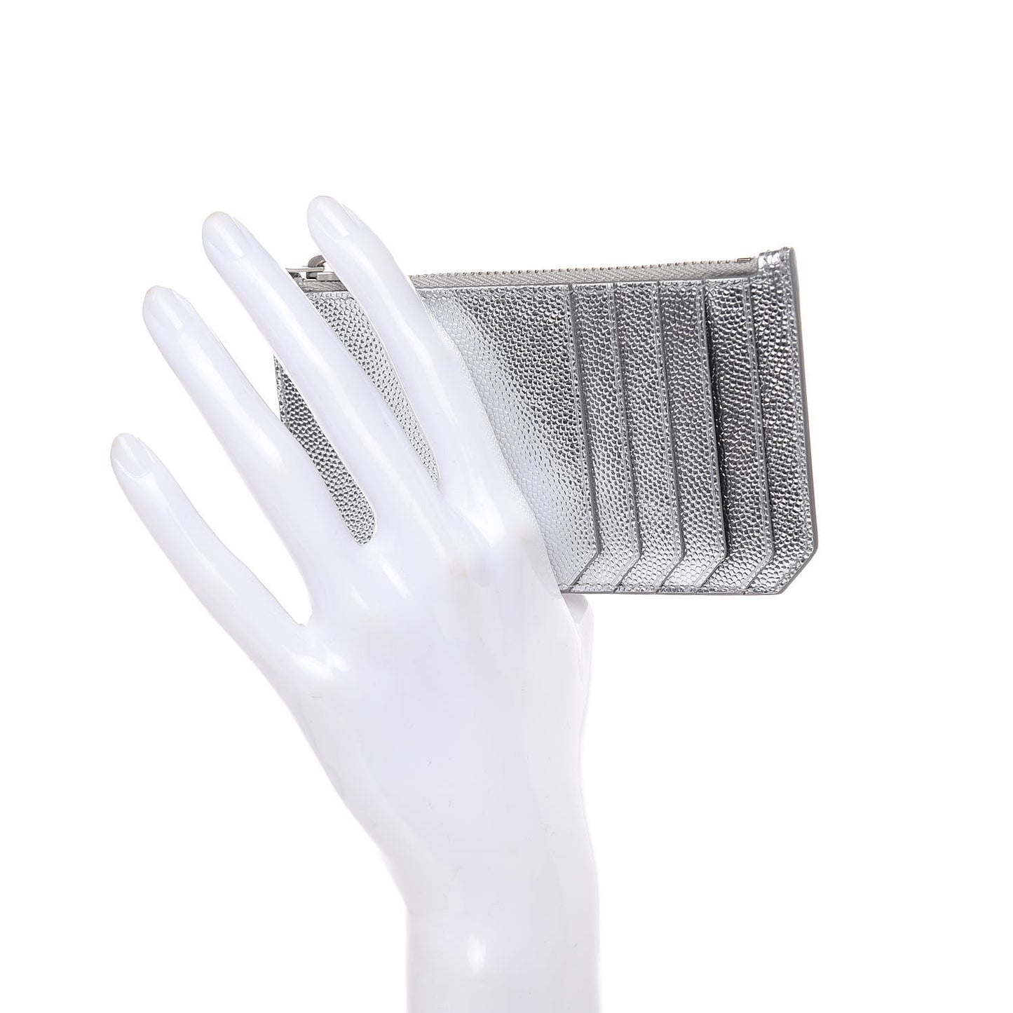 Grained Calfskin 5 Fragments Zip Pouch Card Holder Silver