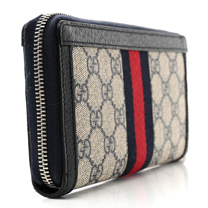 Gucci GG Supreme Monogram Textured Dollar Calfskin Web Ophidia Zip Around Wallet Beige Blue 3 of 8