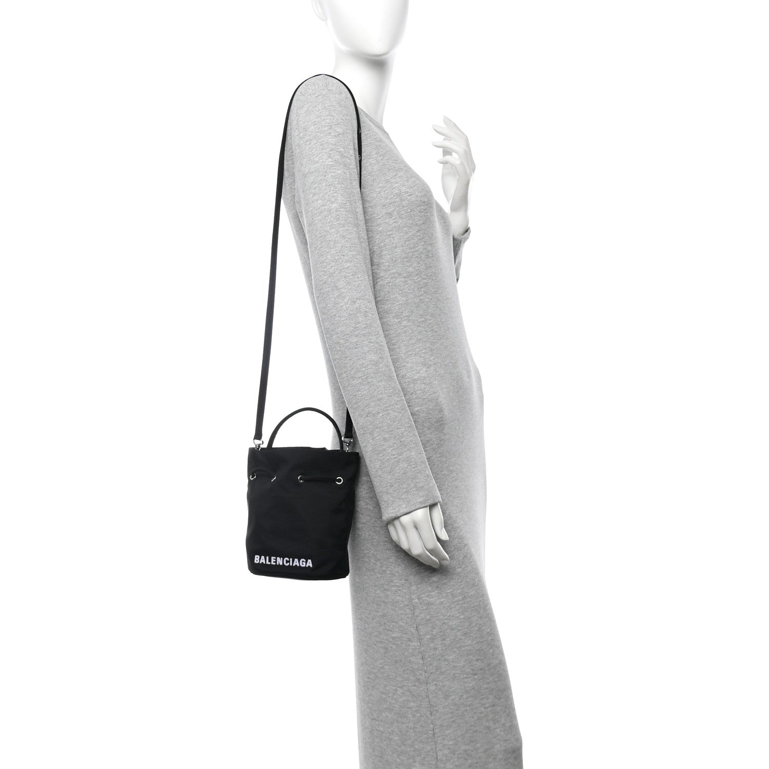 Balenciaga Recycled Sport Nylon Logo Embroidered Wheel Drawstring Bucket Bag Black White 2 of 10