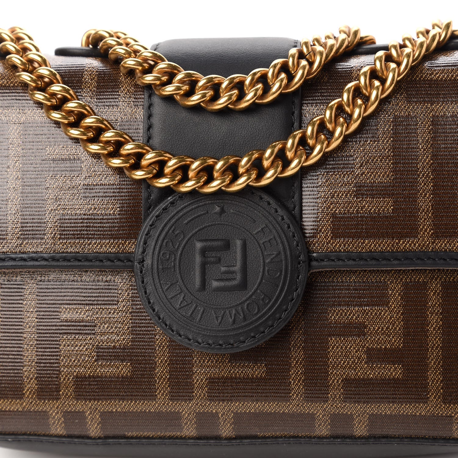 Fendi Glazed Fabric Vitello Century FF 1974 Stamp Patch Mini Double F Crossbody Bag Mogano Panna Black 10 of 12