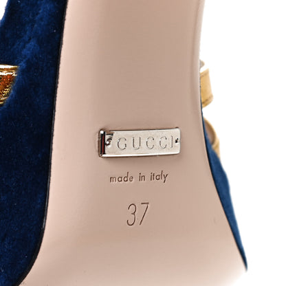 Gucci Velvet Nappa Crystal Zephyra Slingback Platform High Heel Sandals 37 Blue Gold 6 of 9