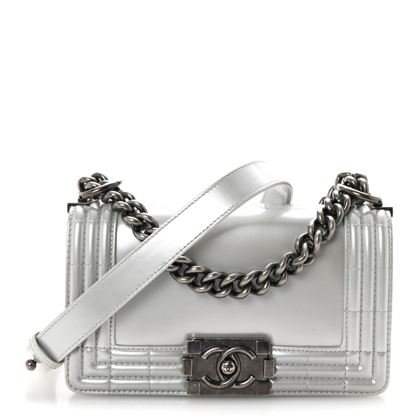 Iridescent Glazed Calfskin Small Boy Flap Silver