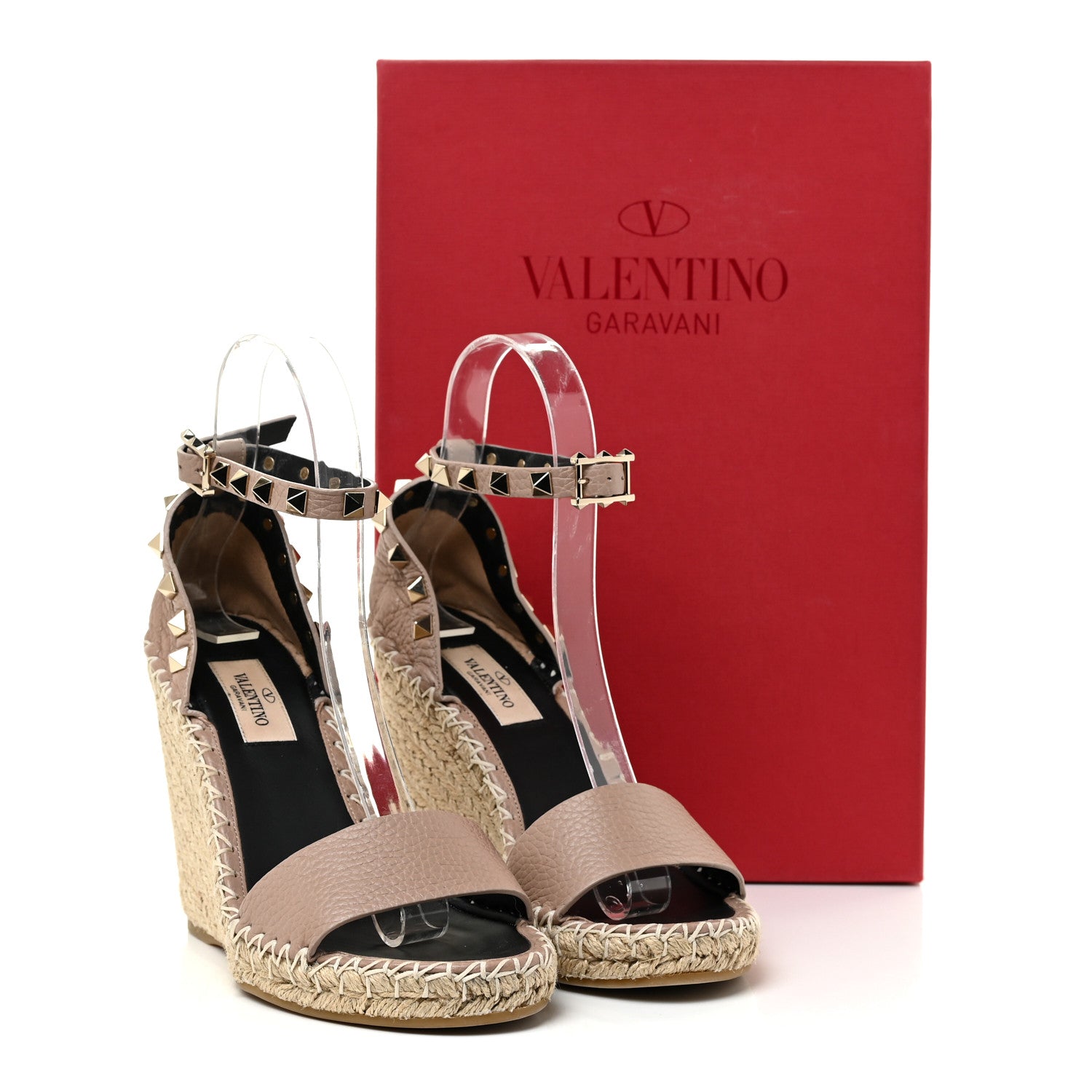 Valentino Garavani Grained Calfskin Rockstud Ankle Strap Espadrille 15/105mm Wedge Sandals 35 Poudre Natural 17 of 17