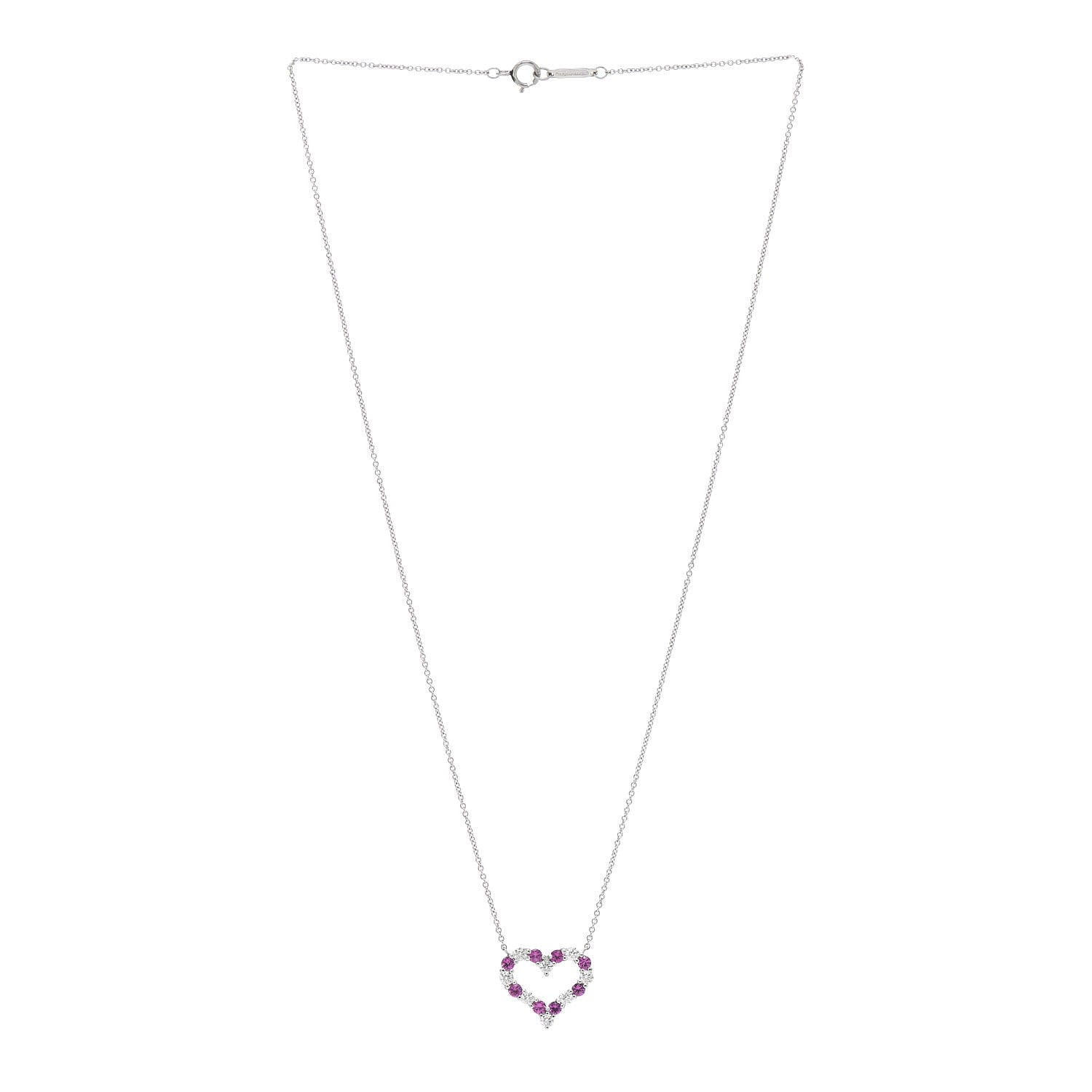Tiffany Platinum Diamond Pink Sapphire Heart Pendant Necklace 3 of 5