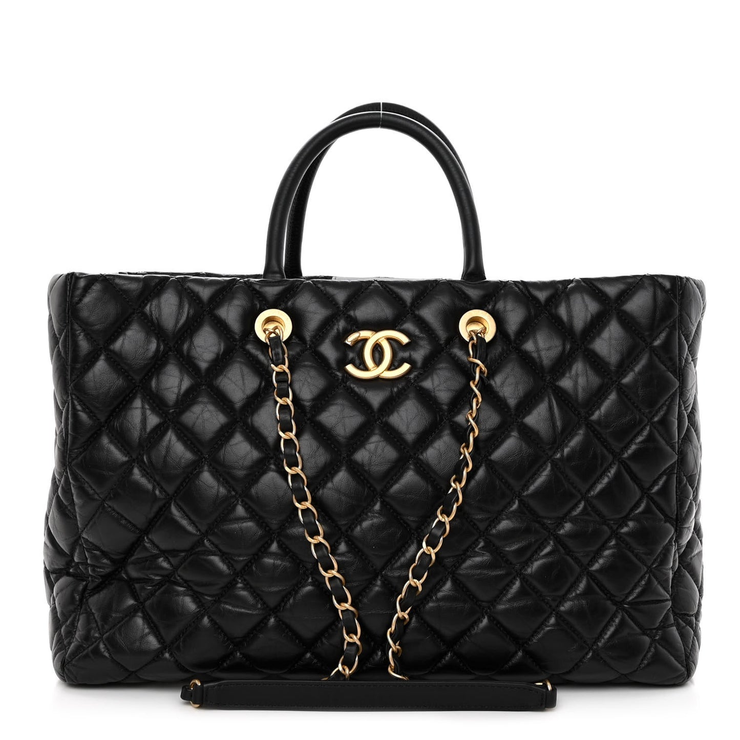 Aged Calfskin Quilted Large Coco Handle Shopping Tote Black