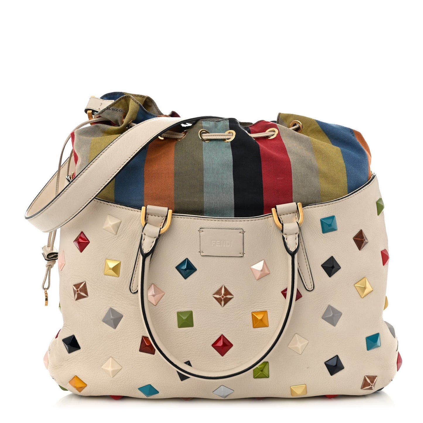 Calfskin Studded Medium B Fab Drawstring Tote Milk Multicolor