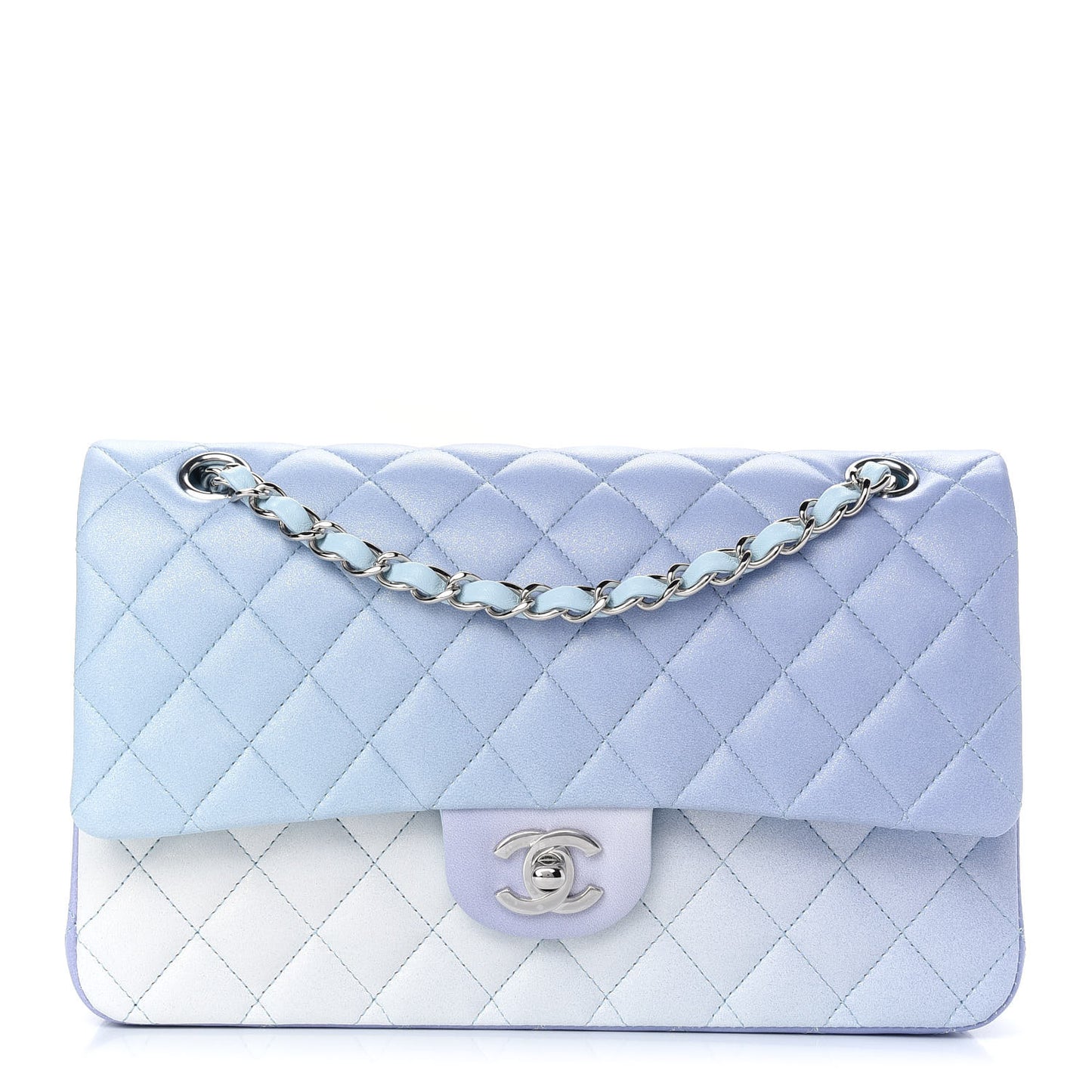 Perforated Lambskin Quilted Medium Double Flap Light Blue Light Purple White